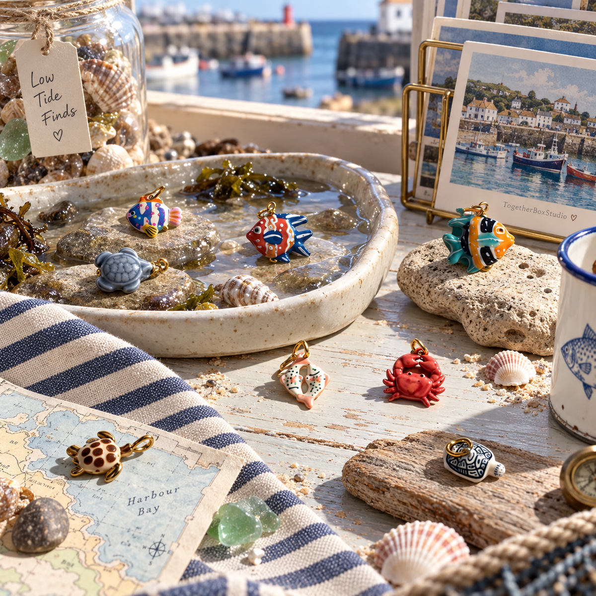The Tideline Cabinet – Copper, Stainless Steel & Ceramic Sea Life Charms & Pendants