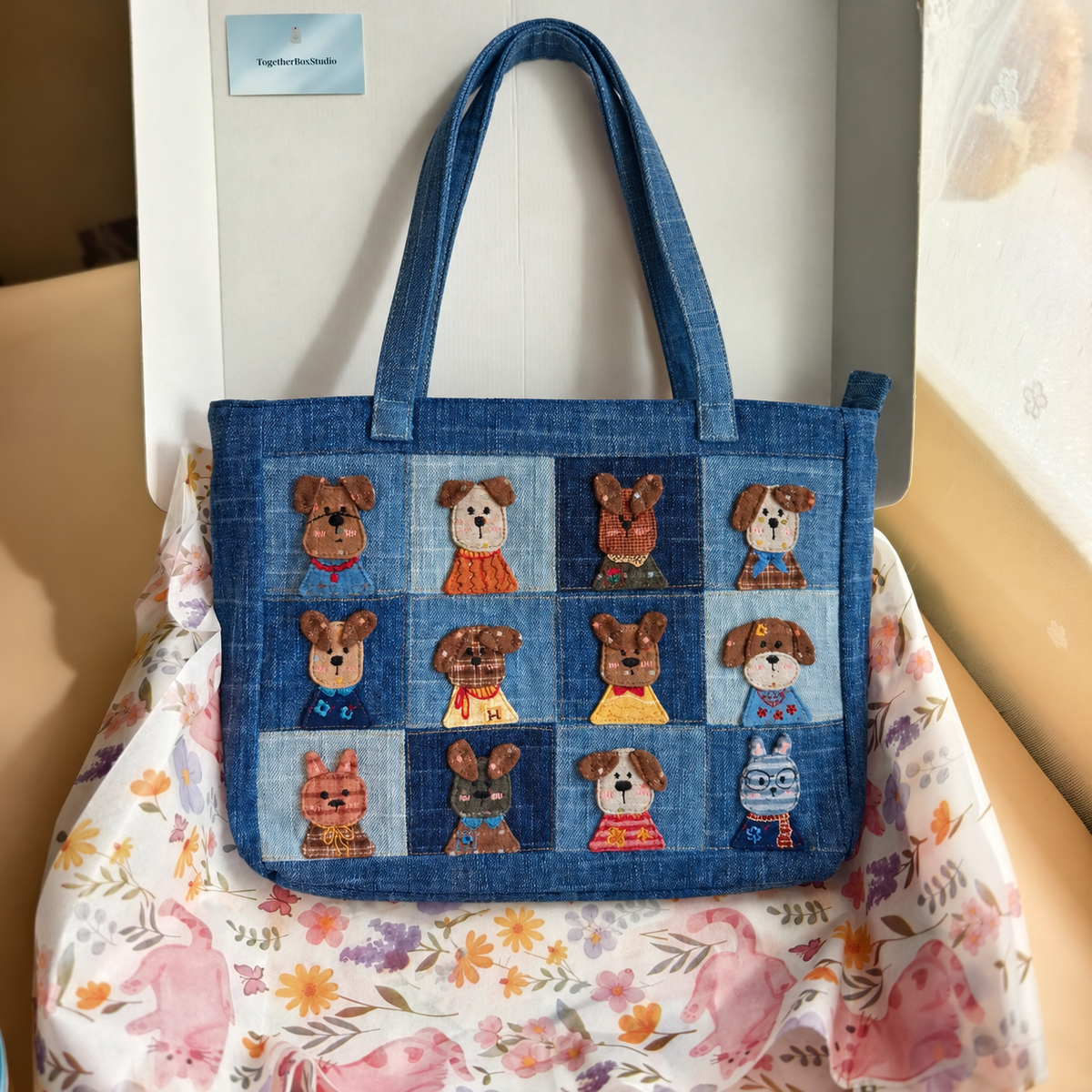 Thirteen Little Dogs Denim Patchwork Tote – Hand-Embroidered Details