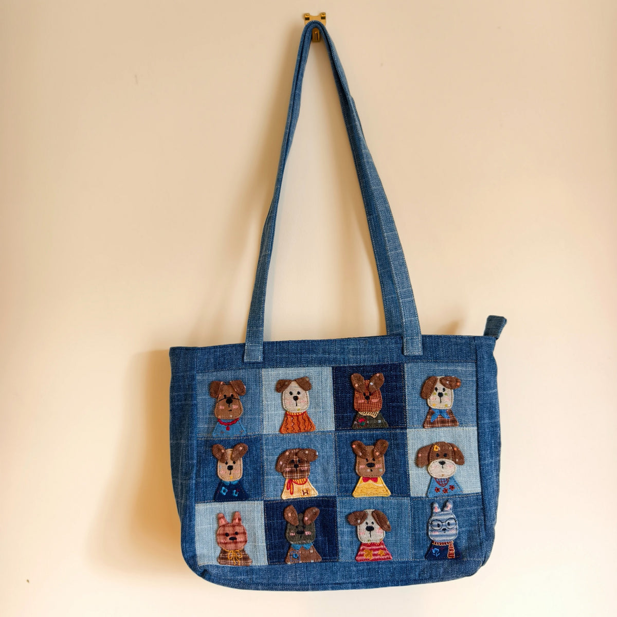 Thirteen Little Dogs Denim Patchwork Tote – Hand-Embroidered Details