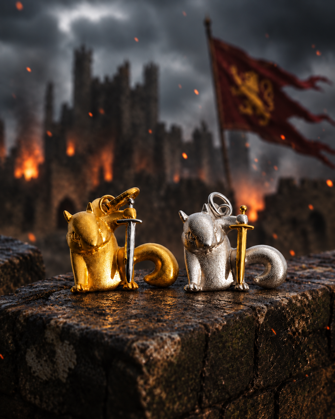 Gold-plated and sterling silver Warrior Squirrel pendants in a dramatic castle scene